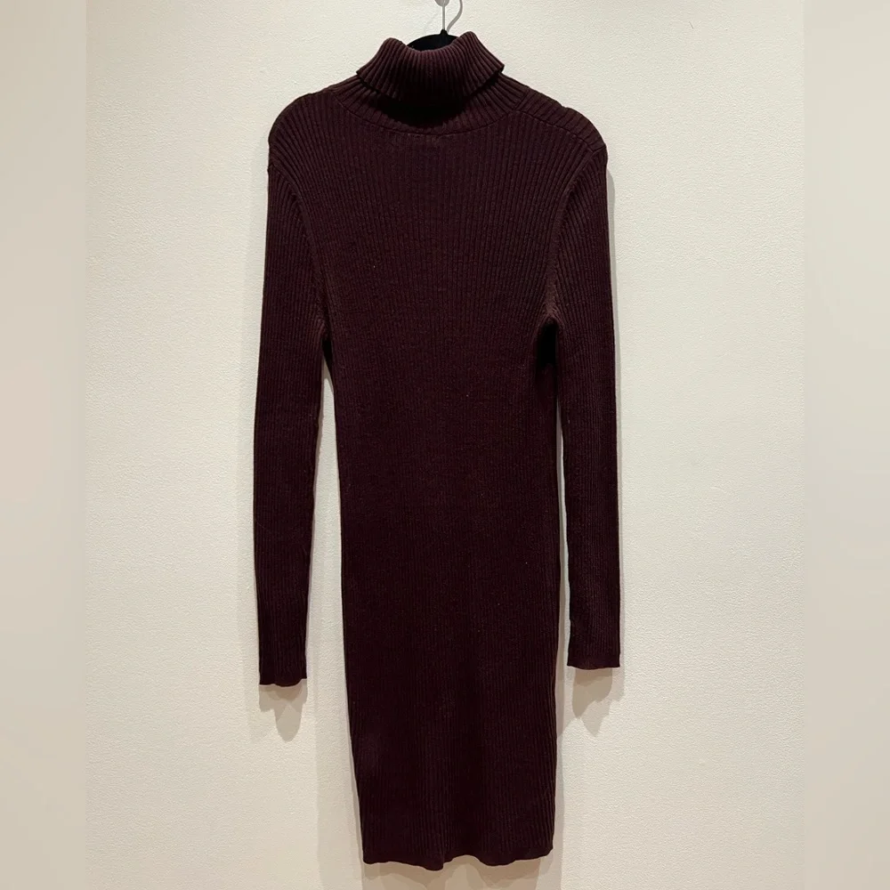Plum Mini Sweater Dress Turtleneck Ribbed Size 14 - Picture 2 of 3